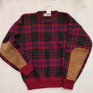 Vintage Pringle Scotland Plaid Sweater with Suede Elbow Patches